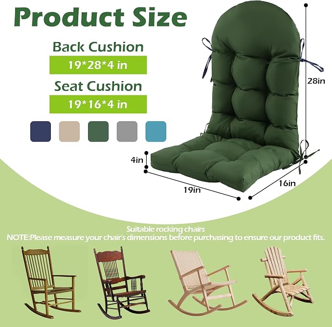 Rocking Chair Cushions, Indoor/Outdoor Adirondack Chair Cushion, Waterproof and Fade-Resistant Rocking Chairs Pads, Non-Slip Tufted High Back Patio Chairs Cushion with Ties, 44x19x4 Inch, Forest Green - Image 2
