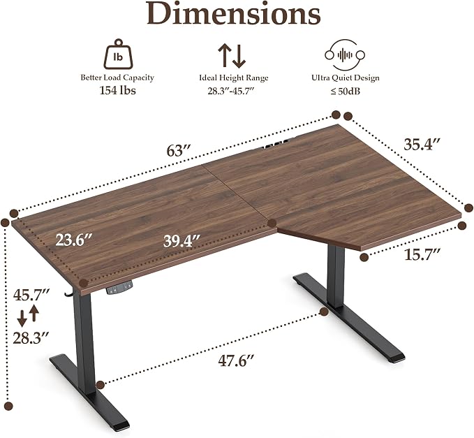 Klicelor L Shaped Standing Desk 63 x 35.4 Inch, Electric Height Adjustable Corner Desk for Home Office Workstation, Ergonomic Sit Stand Computer Table with Memory Controller, Dark Walnut - Image 3
