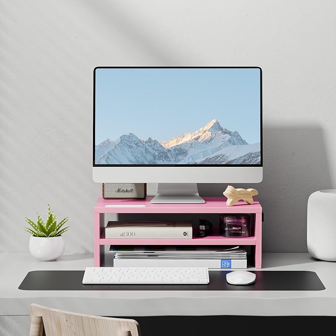 Marbrasse Wood Monitor Stand Riser,Desk Computer Printer Shelf Stand，Pink | 2 Tier Laptop Computer Screen Storage, Desktop Stand with Phone Holder and Cable Management - Image 6