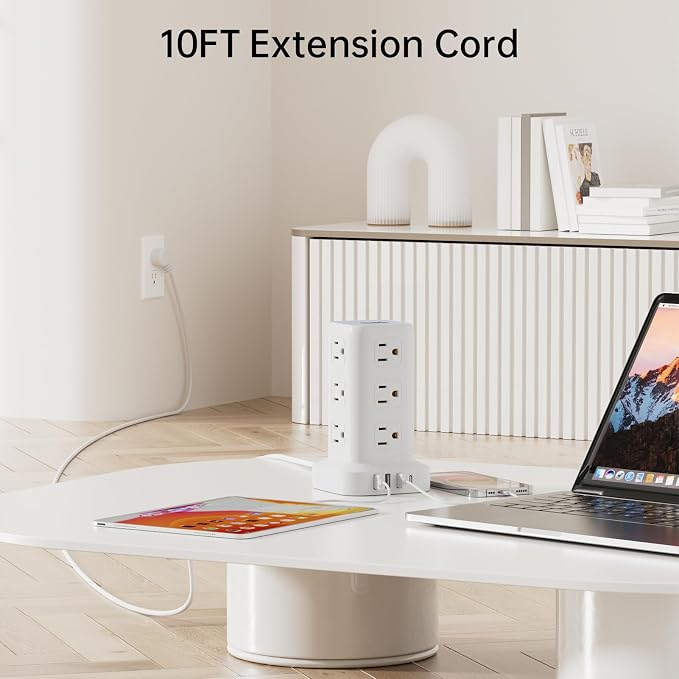 Power Strip with 12 Outlets 4 USB (1 USB C), 10Feet Extension Cord with Multiple Outlets, Charging Station, Power Strip Tower, Home Office Desk Supplies - Image 5