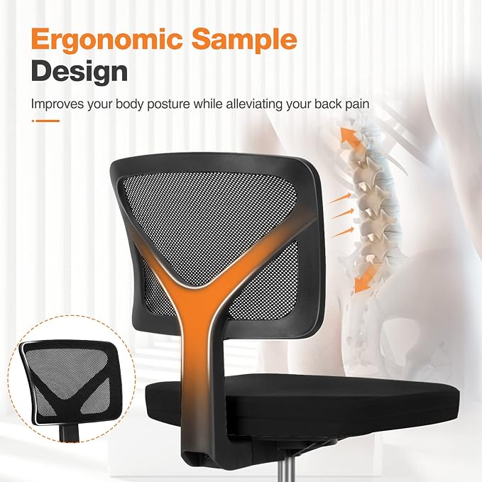 Sweetcrispy Small Armless Desk Chair, Mesh Rolling Office Chairs | Adjustable Ergonomic Lumbar Support, Low-Back, Swivel Wheels, Home Work, Bedroom, Study, Student, Adults, Classic Black - Image 4
