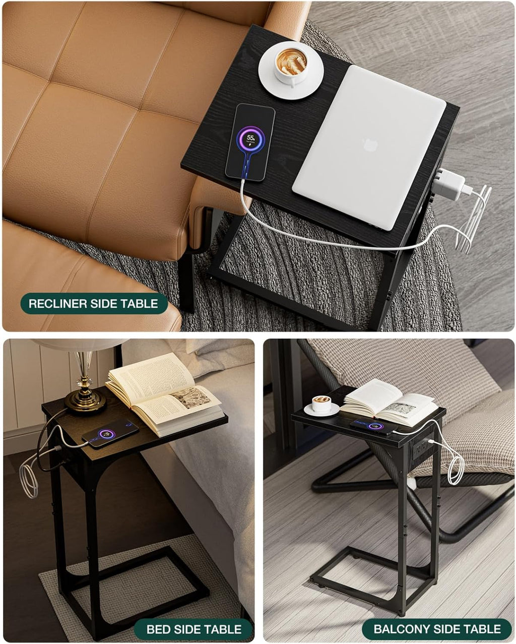 C-Shaped Side Table for Couch - Small Coffee Stand Sofa Tray Desk with Metal Frame Waterproof Scratch Resistant Wood Top and Built-in Charging Station, Black - Image 6