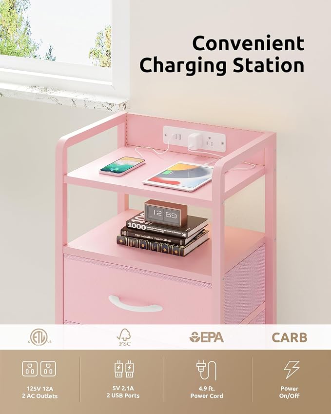 Lazzanto Nightstand with Rear Charging Station, LED Light, 4 Drawers, Pink | Industrial Nightstand, 2 USB-A Ports & AC Outlets, Raised Back Guard, Fabric Storage Drawers, Bedside Table for Bedroom, Dorm - Image 5