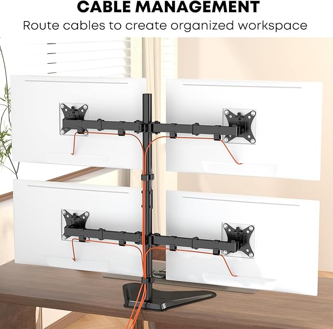PUTORSEN Quad Monitor Stand for 4 Screens, 17-32", 19.8 lbs Each | Stacked 4-Screen Desk Mount with Full-Motion Arms, VESA 75/100, Tilt, Swivel & Rotation, Larger Base with Phone Slot, Black - Image 5