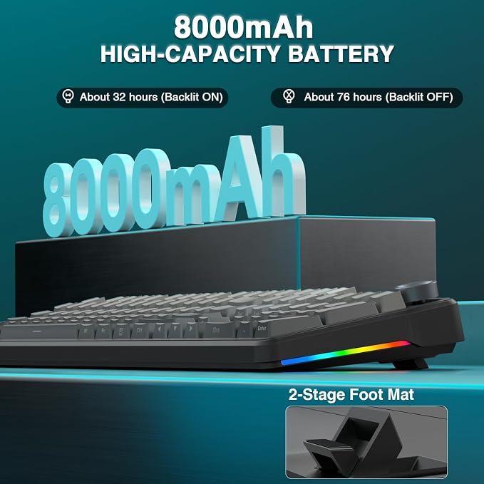 AULA F108 PRO - Wireless Mechanical Keyboard with Screen & Knob,Full Size Keyboard with 8000mAh Battery,Pre-lubed Switches,Side Printed PBT Keycaps,RGB Backlit Hot Swappable Custom Gaming Keyboards - Image 6