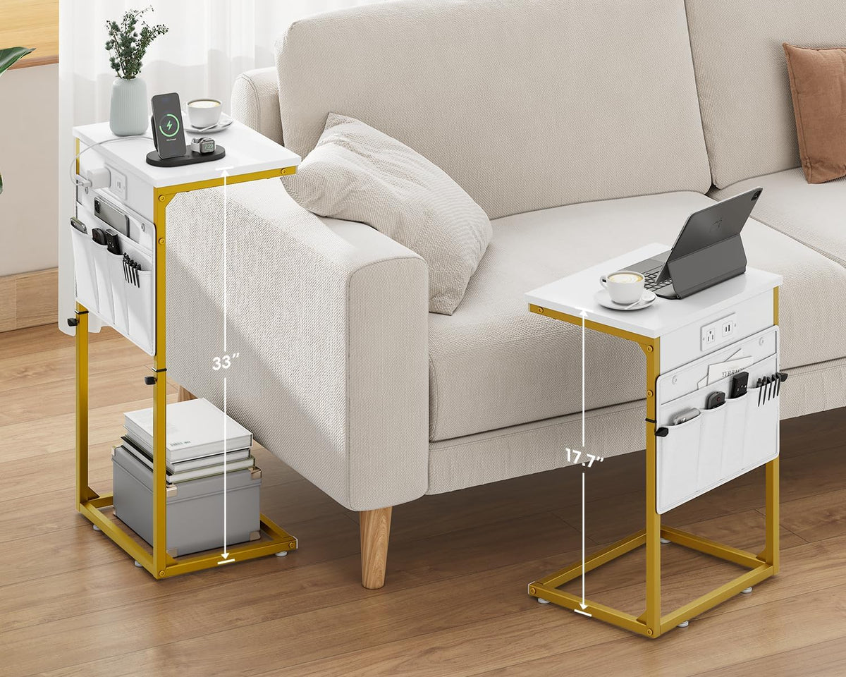 C-Shaped End Table with Charging Station, Small Side Table for Couch, 33" Tall C Table Adjustable Height Side Table, Couch Tables that Slide Under, Sofa Table TV Tray for Living Room, Golden - Image 2