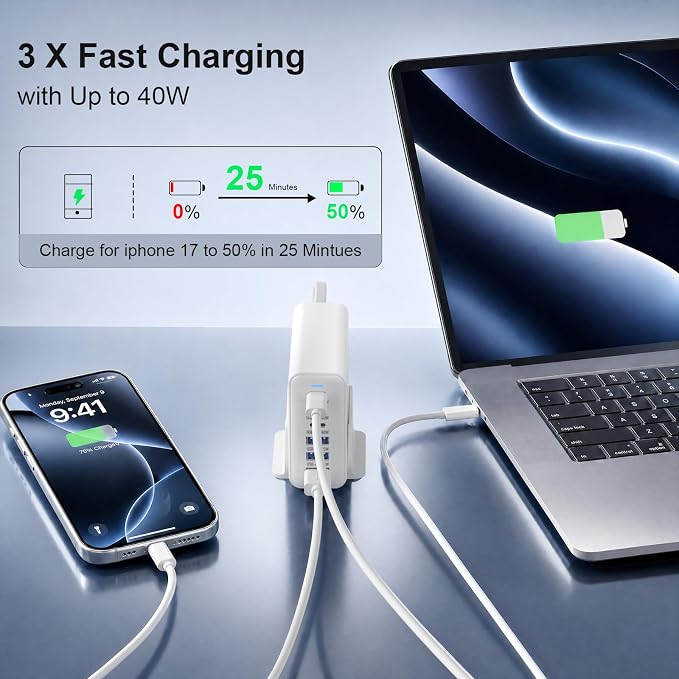165W Charging Station, 6 Port Desktop Charger, 3 Ports 40W White | USB Charger Block, 3 x USB A 15W, 3 x USB C 40W, Compatible with iPhone, Galaxy, MacBook, iPad, Home Office, Travel and More - Image 3