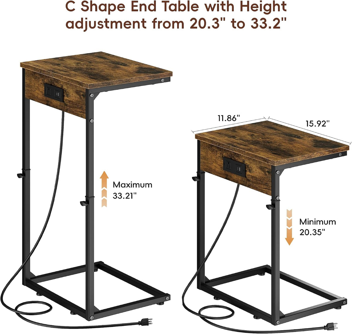 C Shaped End Table with Charging Station, Adjustable Height Side Table for Couch, Small Side Table, 33.2'' Tall Couch Tables that Slide Under, Tv Tray End Table for Living Room, Rustic Brown - Image 3