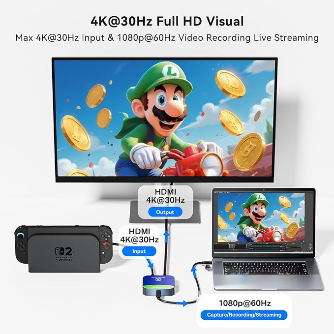 Capture Card for Nintendo Switch, 4K HDMI Capture, USB C 3.0 1080P 60FPS | Audio Video Recorder, low latency, streaming accessories, USB capture card for streaming/gaming, for PS5/Xbox/OBS/Camera/PC - Image 7