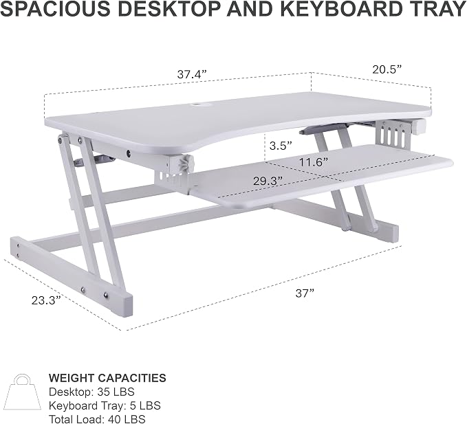 Rocelco 37.5" Height Adjustable Standing Desk Converter with Dual Monitor Mount and Slide Out Retractable Keyboard Tray - Sit Stand Up Double Screen Tabletop Riser Workstation - White (R DADRW-DM2) - Image 5