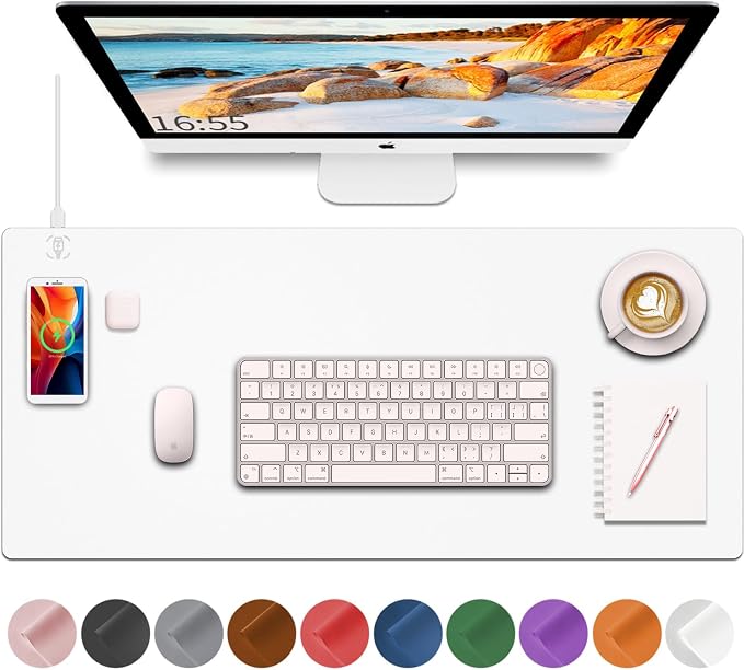 Desk Mat with Wireless Charging, White Mouse Pad with Wireless Charger, Desk Pad Matt for Desktop, Mousepad Gaming Large Mouse Pad, Leather Compute for Keyboard and Mouse, 32" x 16" - Image 8