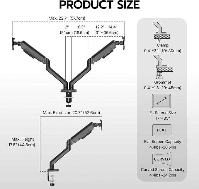 ARES WING Dual Monitor Mount with USB for 2 Monitors for 17-35 inch, Black | Heavy Duty Monitor Arms for 2 Monitors, Fully Adjustable Monitor Desk Stand for Ultrawide Screen, VESA 75x75 or 100x100mm - Image 9