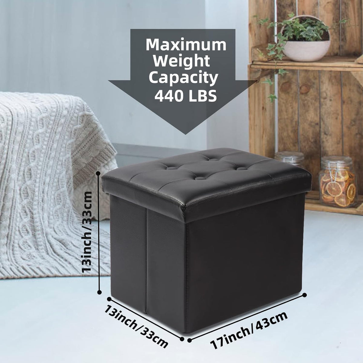 ALASDO Storage Ottoman Footrest Stool Small Ottoman with Storage Foldable Ottoman Leather Foot Rest Footstool Bench for Living Room 17x13x13inches Black - Image 3