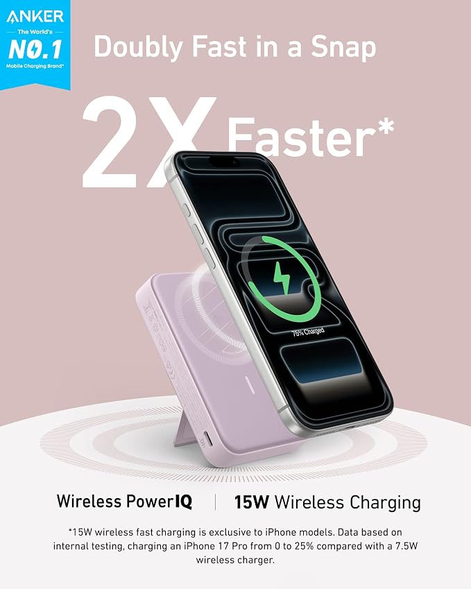 Anker MagGo Power Bank, 10,000mAh Qi2-Certified 15W Max Portable Charger | Fast MagSafe-Compatible Battery Pack, Smart Display, Foldable Stand, for iPhone 16 / 15 / 14 / 13 Only (USB-C Cable Included) - Image 2