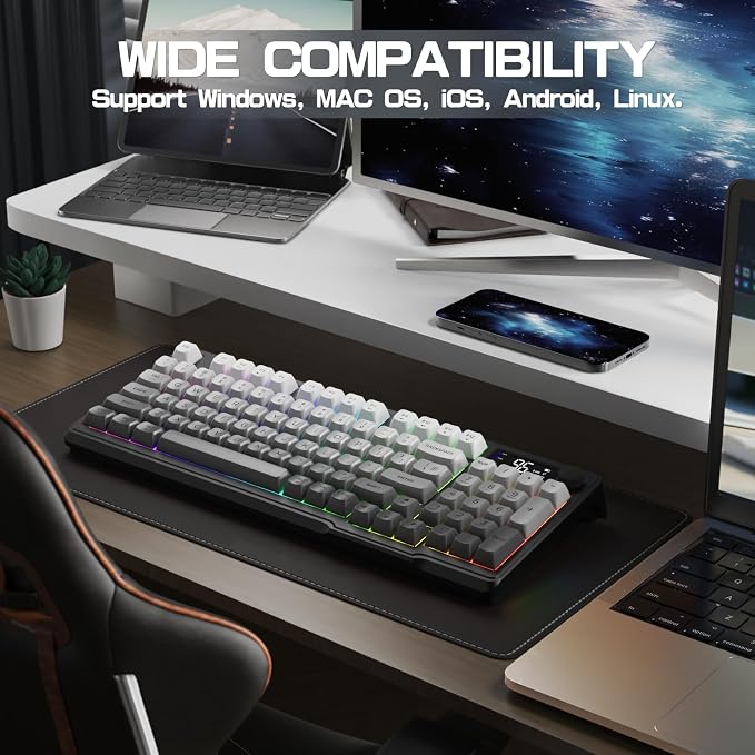 LexonElec M96 Wireless Keyboard, Low Profile Quiet Typing Membrane Gaming Keyboard with Smart Display & Knob, RGB Backlit, USB C Rechargeable, 94 Keys PBT Keycap for Windows PC,Mac,Linux-Moonlit Night - Image 9