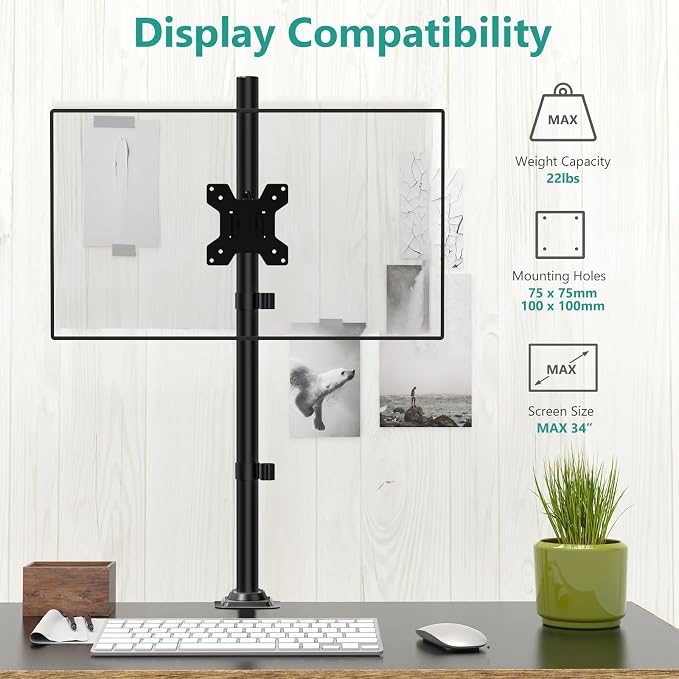 WALI Tall Monitor Arm Mount for Desk for 13-34 inch Screens, 22 lbs per Arm | Single Extra Tall Monitor Mount, Full Motion with Tilt, Swivel, Rotation, VESA Mount 75/100mm,for Office/Home (M001XL), Black - Image 3