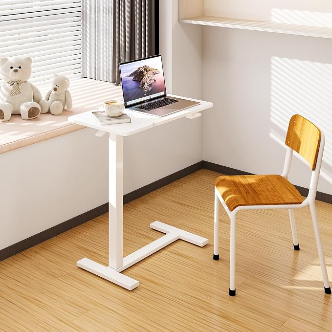DUMOS Small Standing Desk, Rolling Desk, Laptop Table | Portable Design, Adjustable Height, Mobile Wheels, Computer Workstation, Home Office Classroom, White - Image 2
