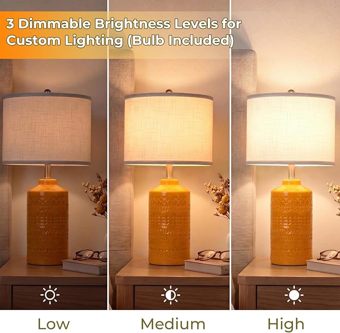 JUNNAI 25" Modern Orange Ceramic Table Lamp for Living Room Nightstand 3-Way Dimmable Farmhouse Lamp for Bedroom Bedside Entryway Tabletop Office with White Slub Fabric Lampshade (Bulb Included) - Image 3