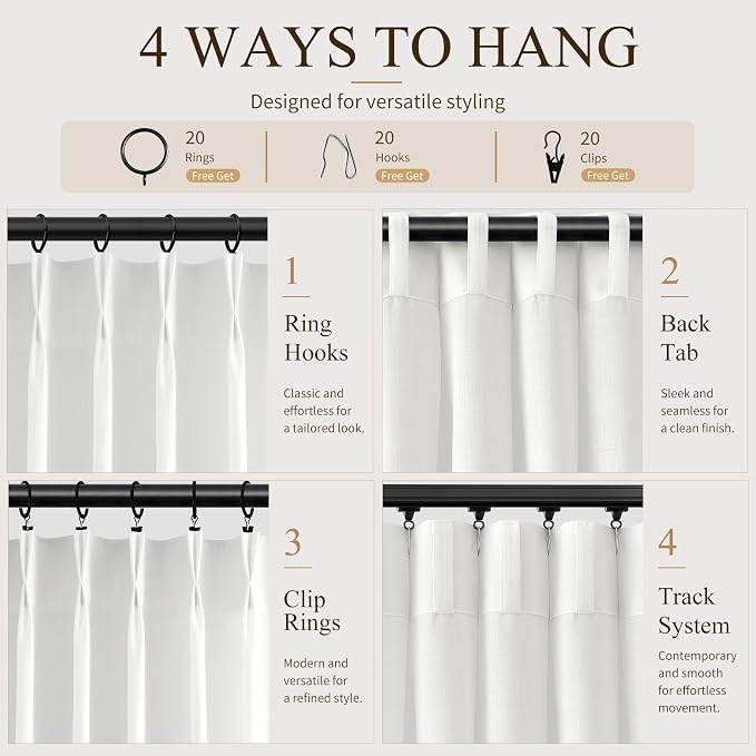 Hokibero Off White Pleated Linen Curtains 108 Inch Long for Living Room | White Light Filtering Semi Sheer Curtain,Back Tab Hooks Rings,Farmhouse Textured Privacy Drapes for Bedroom Window,2 Panels - Image 4