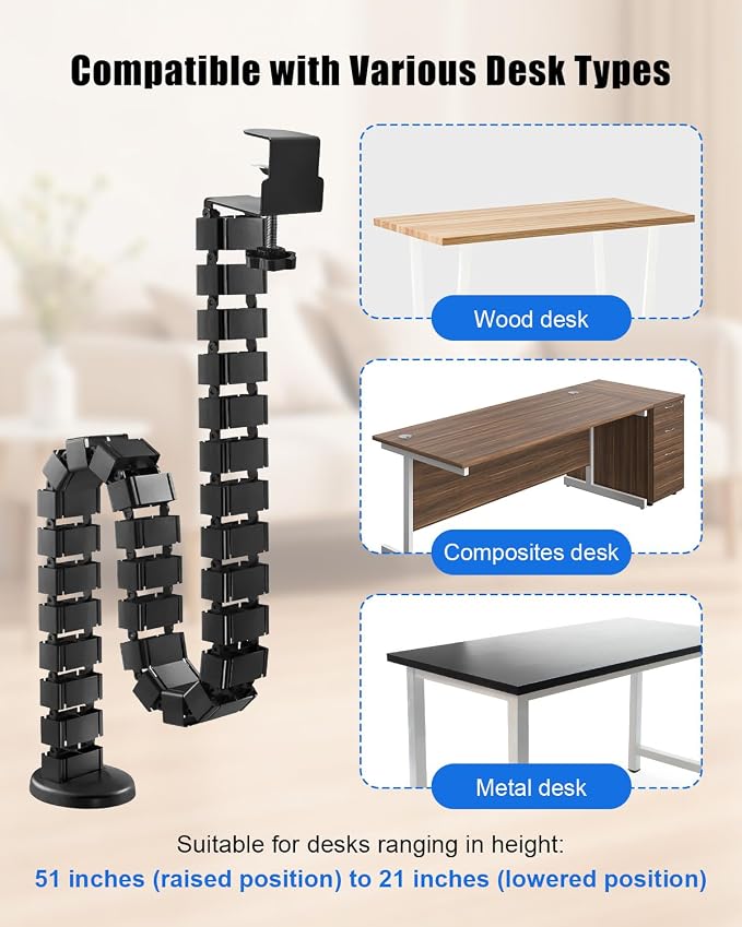 Desk Vertebrae Cable Management Spine Kit Fit for Sit Stand Desk | Adjustable Quad Entry Flexible Cord Organizer, No Drill Clamp-On Under Desk Modular Cable Control with Steel Base - Image 4