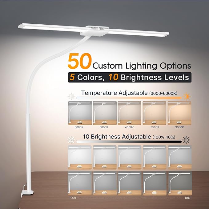 Syrinx LED Desk Lamp, Dual Head Desk Light with Clamp, Eye-Care Table Lamp | Flexible Gooseneck Task Light with Motion Sensor, Wired Control, 50 Lighting Modes, Timer & Memory Function for Home Office - Image 2