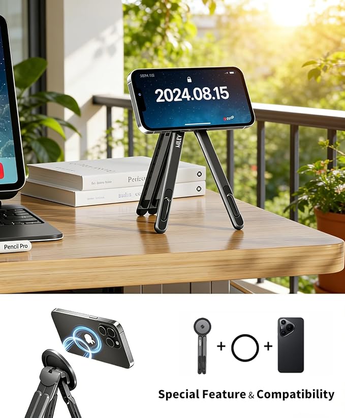 miley Laptop Stand for Desk, 8-Level Adjustable, Magnetic Phone Mount Gray | For 13–17 in laptops. Aluminum build, anti-slip support and fold-flat portability. Includes a magnetic ring and carry bag. - Image 5