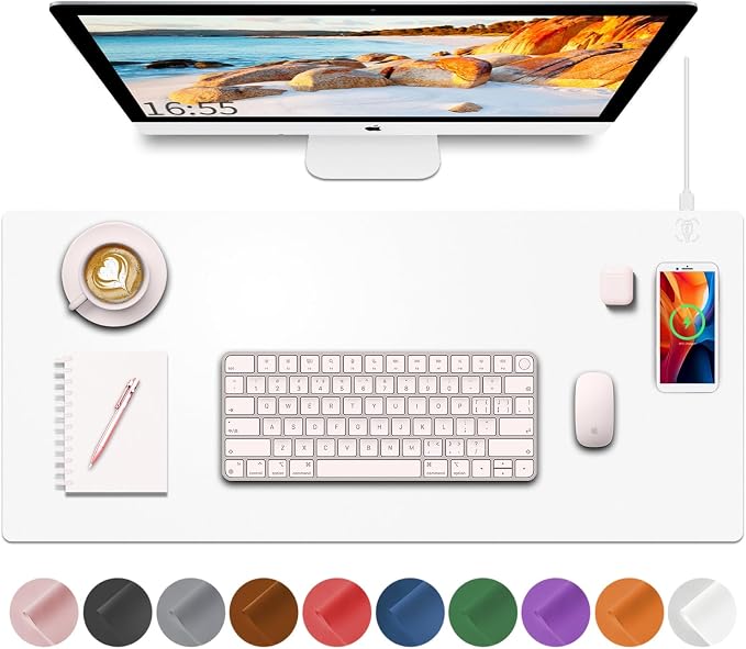 Desk Mat with Wireless Charging, White Mouse Pad with Wireless Charger, Desk Pad Matt for Desktop, Mousepad Gaming Large Mouse Pad, Leather Compute for Keyboard and Mouse, 32" x 16" - Image 8