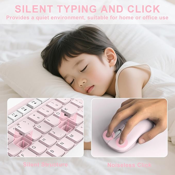 Wireless Keyboard and Mouse Combo, Reccazr 2.4G Full-Sized Keyboard and Mouse Cordless, 3 DPI Adjustable Mouse, Dual-System Keyboard for Computer/Laptop/Windows/Mac (Pink & White) | Silent 2.4G Full Size Cordless Keyboard with Tilt Legs,3-Level DPI Qui... - Image 3