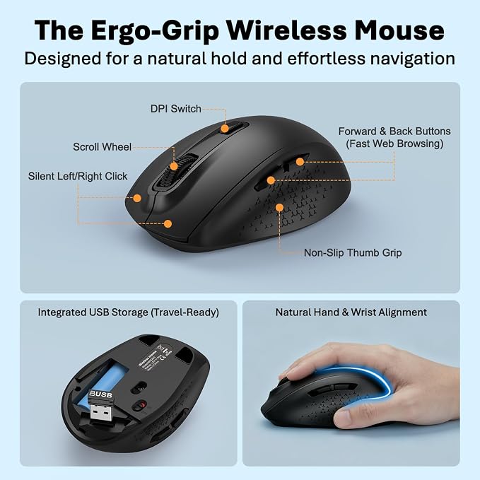 Full-Size Silent Wireless Keyboard and Mouse Combo with Palm Rest | 30dB quiet keys, silent clicks, 12-month battery, 1.4-in rear lift, 12 hotkeys, auto sleep, 2.4G receiver, Win/macOS/ChromeOS - Image 6