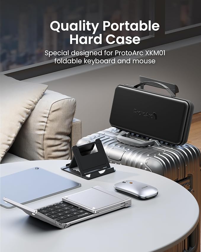 ProtoArc XKM01 Full-Size Foldable Keyboard Mouse for Travel - Black Silver | 105-key keyboard, slim mouse, hard case and phone stand; 3-device Bluetooth & 2.4G switching, for travel office use - Image 3