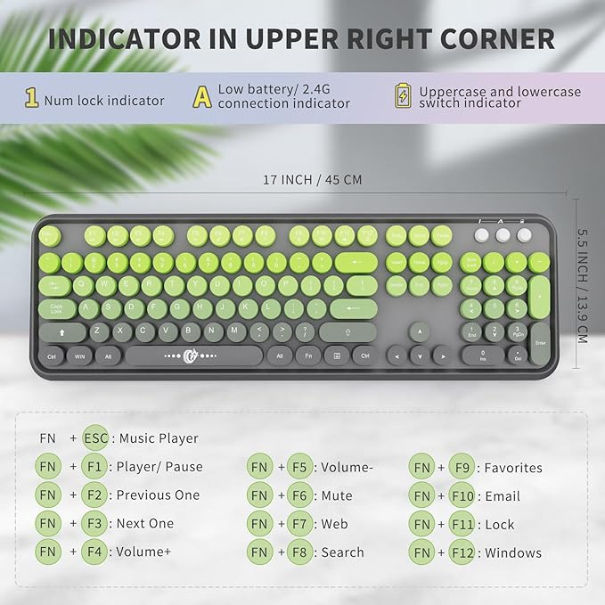Wireless Keyboard and Mouse Combo, 104 Round Keys Cute Colorful Keyboard and Mouse with Retro Typewriter for PC Mac Laptop Tablet Computer Windows Gray Green - Image 3