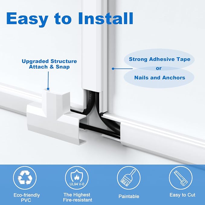 ZhiYo Wall Cable Hider, Cord Hider to Hide 2-3 Cords, TV Wire Hider for Wall, 204in Cable Management Kit, 12 x L17in Cable Raceway White, Paintable Cable Concealer, W0.98in x H0.5in - Image 4