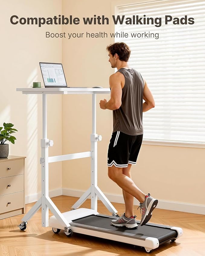 Marsail Mobile Standing Desk with Lockable Wheels and 6 Height Levels | 28.3-46.5 inch height range, triangular leg, larger lockable wheels, pin adjustment, walking pad and treadmill use - Image 6