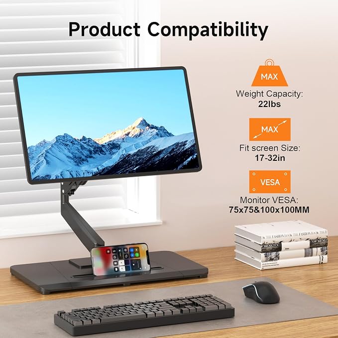 Pholiten Adjustable Monitor Arm with Base for 17-32" Screen | Pneumatic VESA Computer Mount with Base, Freestanding Full Motion, Holds up to 22 lbs - Image 6