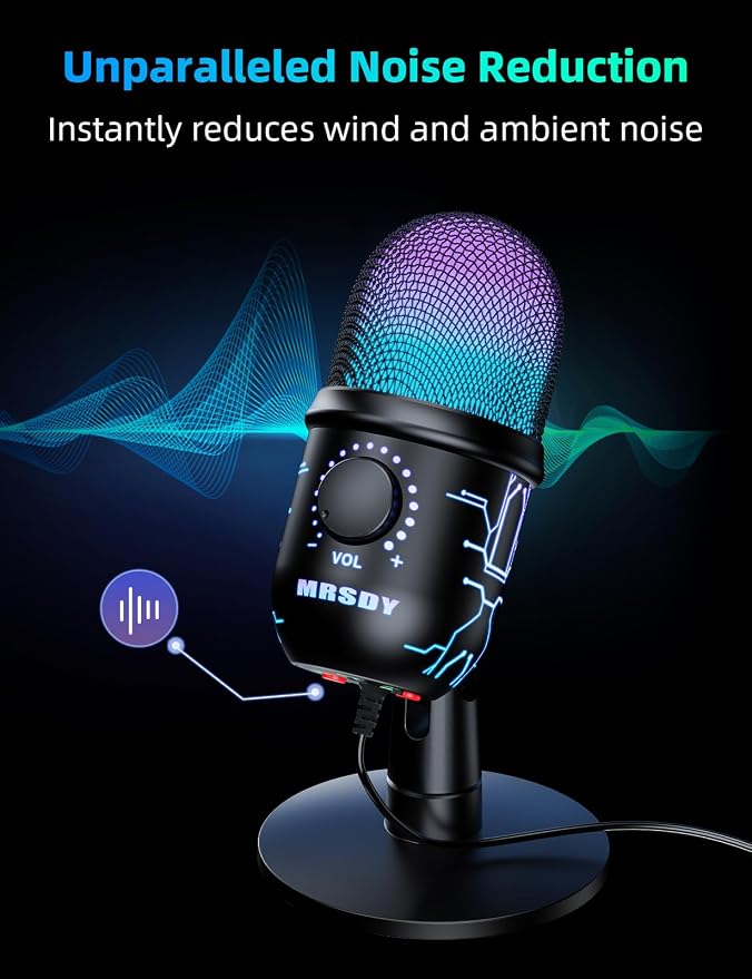 USB Gaming Microphone for PC with Noise Reduction, Mute, Gain, RGB | Condenser Mic, Headphone Jack, Suitable for PC, Computer, PS4, PS5, Mac, Streaming, Podcasting, Recording, YouTube, Discord - Image 3