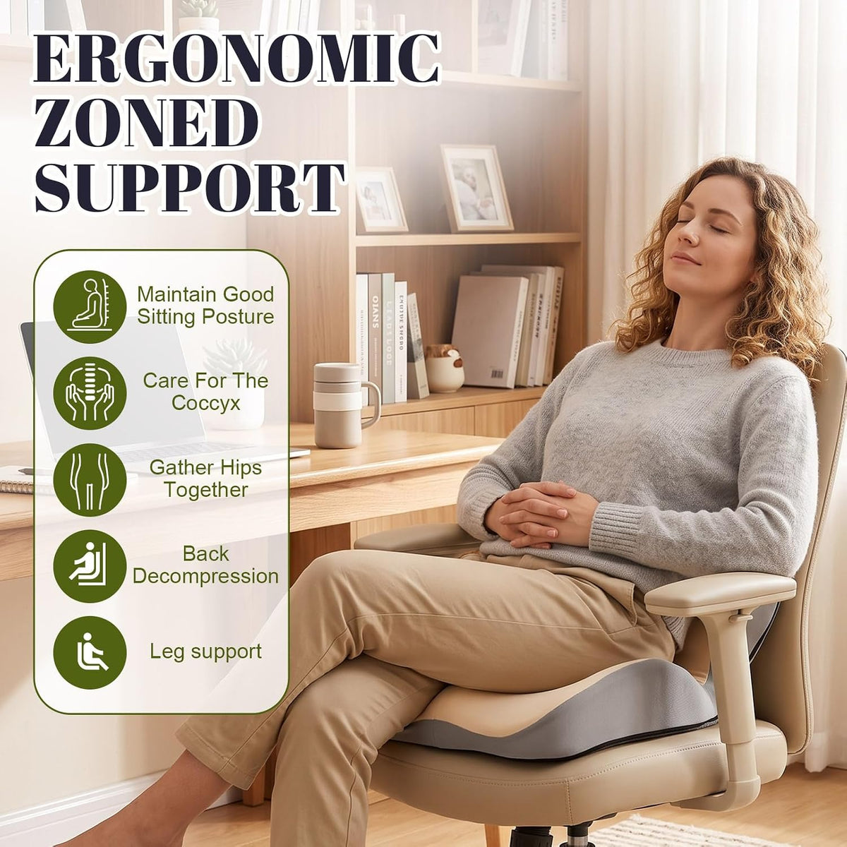 Ergonomic Seat Cushion Back Support for Office Chair Car, Beige Gray - Image 4