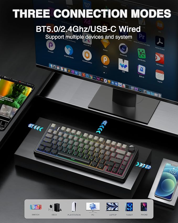 AULA F75 Pro Wireless Mechanical Keyboard,75% Hot Swappable Custom Keyboard with Knob,RGB Backlit,Pre-lubed Reaper Switches,Side Printed PBT Keycaps,2.4GHz/USB-C/BT5.0 Mechanical Gaming Keyboards - Image 3
