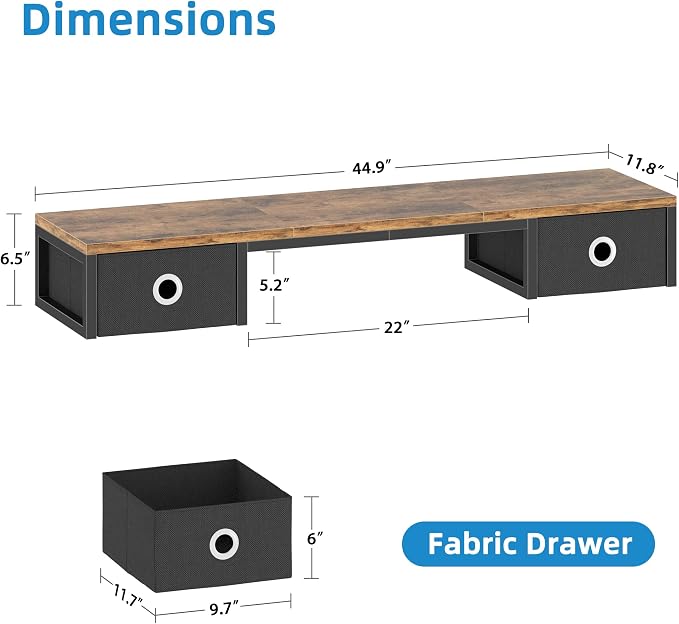 YAOHUOO 45" Large TV Riser with Fabric Drawers for 32-60 inch TV | TV Stand Riser with Steel Legs, Tabletop TV Riser Shelf, Monitor Stand Riser for Home Office,Rustic Brown - Image 7