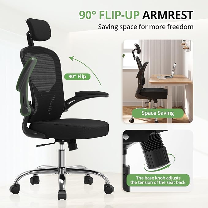 Office Chair Ergonomic Desk Chair, 330LBS Capacity, High Back Computer Chair for Long Hours Comfortable, Rolling Swivel Executive Task Chair for Home Office with Flip-up Armrests, Black Black-Chrome - Image 6