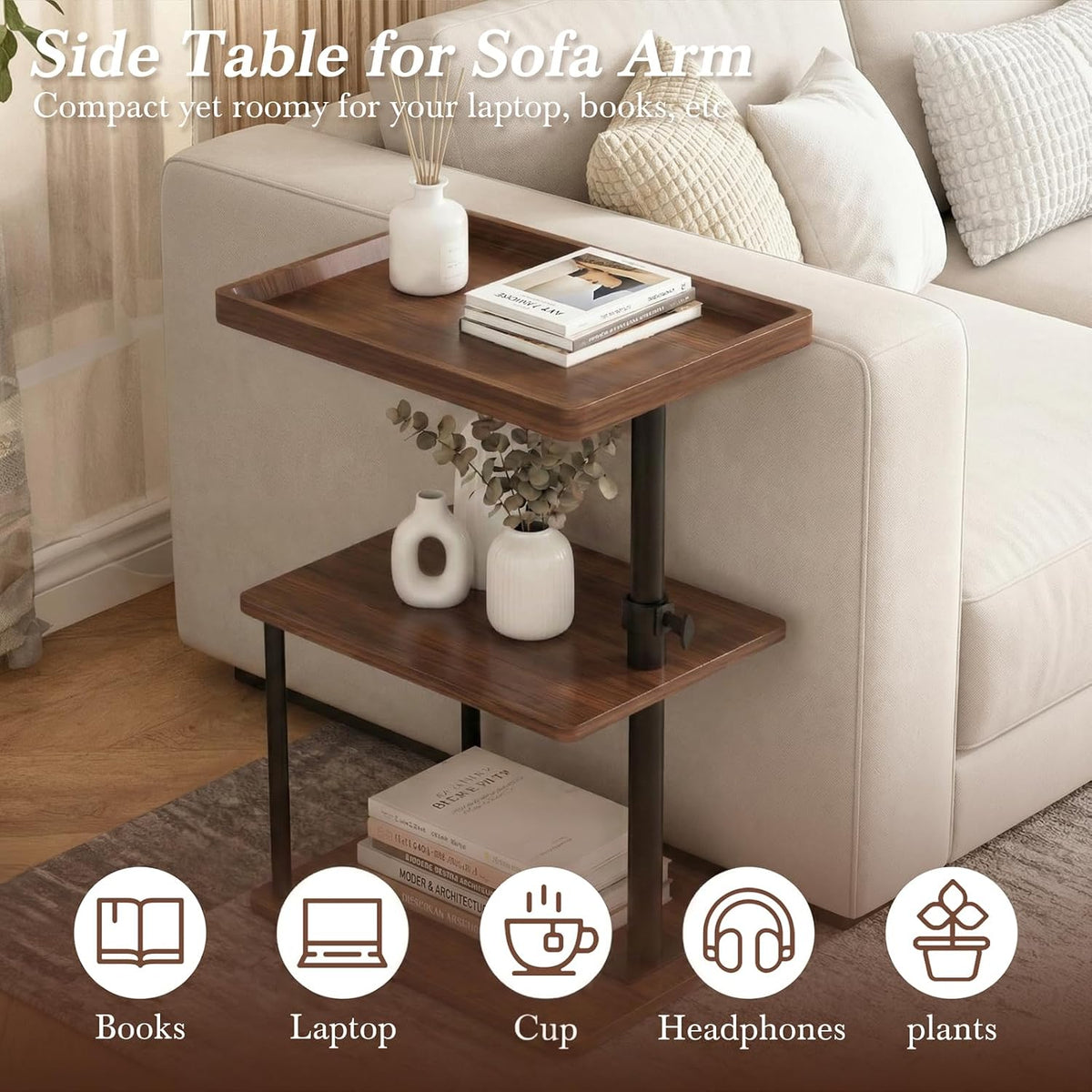 C Table End Table Adjustable Height, 360°Swivel TV Tray Table for Small Spaces, Small Nightstand for Living Room, Bedroom, Walunt - Image 4