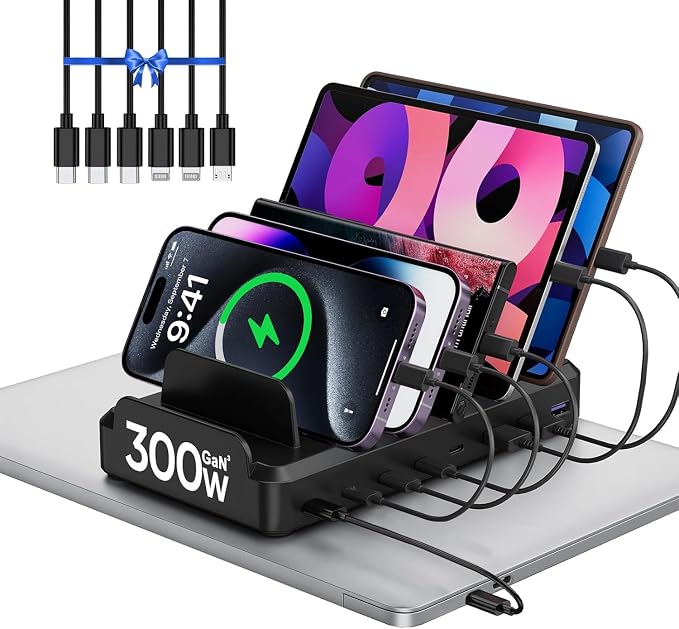 Lcssio 300W Charging Station for Multiple Devices, 8 Port Fast Charger | Fast Charging, Safety Certified, Compact Design, Organized Charging, Multiple Devices at Once, With 6 Cables by LcssioChargeFaster