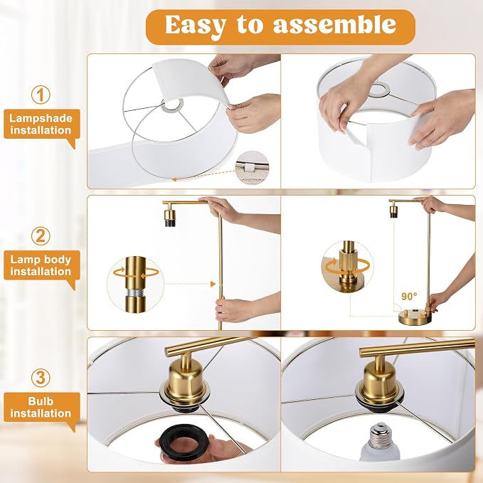 Gold Bedside Lamps Set of 2, Fully Dimmable Lamps for Night Stands, USB A+C | Modern, Linen Lampshade, USB Port and Outlet, Tall Desk Lamps for Bedroom, Nightstand, Living Room, Home Office, End Table - Image 7