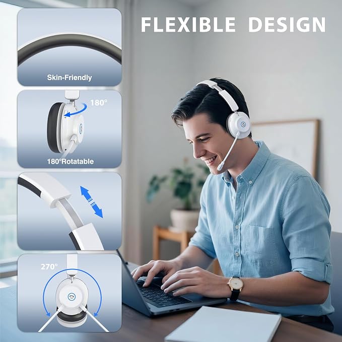 Bluetooth Headset with Microphone, Wireless Headset AI Noise Cancelling | Computer Headphone for Clear Call＆Meeting 47H Work, Dual-Mode Bluetooth 6.0 & 2.4GHz Dongle, Office/PC/Phone/Teams - Image 3
