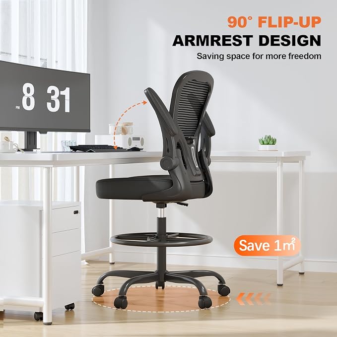 Ergonomic Tall Drafting Chair-Mesh Desk Chair with Flip-Up Arms | Adjustable Height,Lumbar Support,Adjustable Footrest Ring,Standing Desk,Breathable Backrest - Image 6