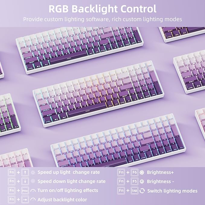 ZORNHER ZH100 Wireless Mechanical Keyboard,98% Purple Creamy Keyboard with Number Pad,Full Size Gaming Keyboard,Lighted Up PBT Dipped Keycaps,KKT Red Switches - Image 6