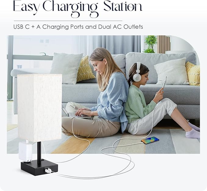 Bedside Table Lamps Set of 2 - Touch Nightstand Lamp for Bedroom with USB C+A Charging Ports & AC Outlets, 3-Way Dimmable Desk Lamp Flaxen Fabric Shade for Living Room Office(Bulb Included) - Image 6