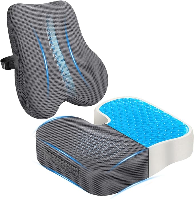 Gel Seat Cushion & Lumbar Support Pillow Set, Cooling Memory Foam for Coccyx & Sciatica Pain Relief, Ergonomic Desk Chair Cushion with Breathable Mesh Cover for Car, Home, Wheelchair (Grey) by Unknown