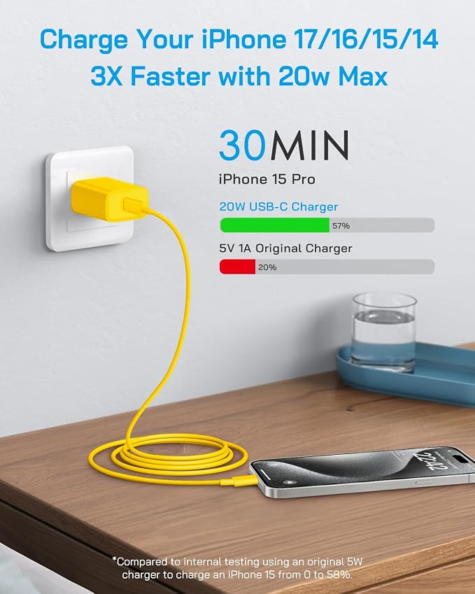 20W Fast Charger for iPhone 17/16/15 with 6FT Cable [3-Pack] - Yellow | USB-C Wall Charger & C-to-C Cable, Compatible with iPhone 17/16/15 Series, USB-C iPad Pro/Air/Mini & More - Image 2
