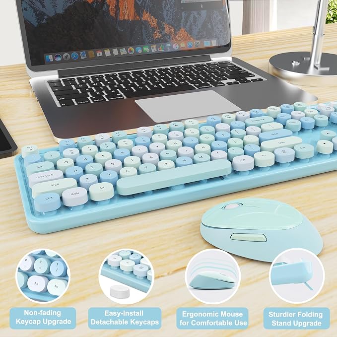 Wireless Keyboard and Mouse Combo, Ergonomic Full Size Typewriter Retro Round Keycaps Keyboard, Compatible with Windows, PC, Perfer for Home and Office Keyboards (Blue - Image 6