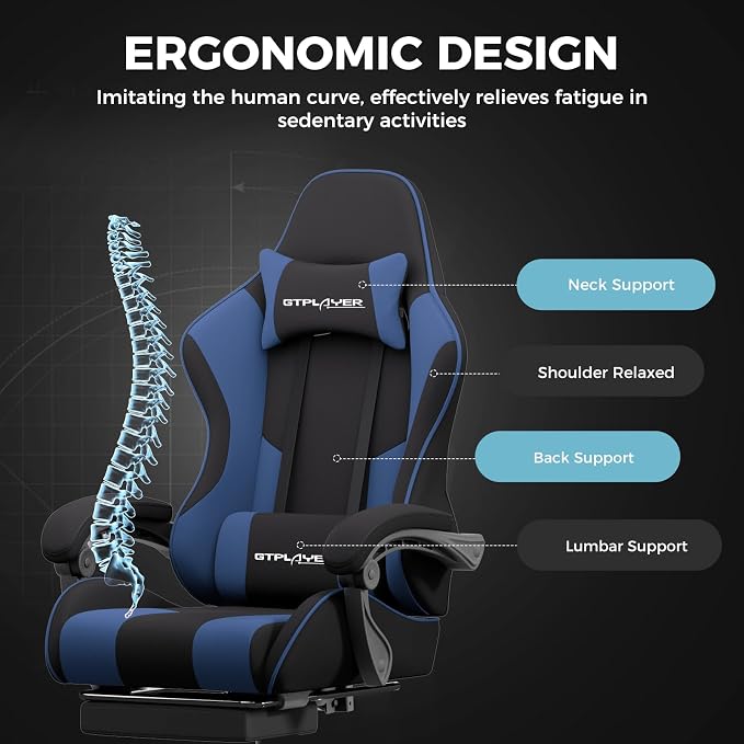 GTPLAYER Gaming Chair, Computer Chair with Footrest and Lumbar Support, Height Adjustable Game Chair with 360°-Swivel Seat and Headrest and for Office or Gaming (Blue, Fabric) - Image 6